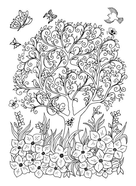 vector illustration magnificent tree surrounded  flowers coloring