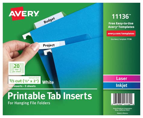 avery printable tab inserts  hanging file folders  cut  pack