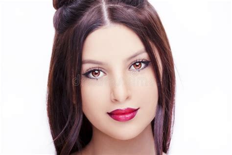 Young Beautiful Woman With Bright Makeup On White Background Stock