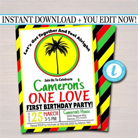 Editable One Love First Birthday Party Invitation Jamaica Reggae Theme