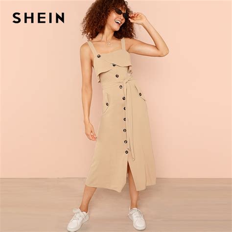 Buy Shein Khaki Elegant Casual Foldover Front Belted