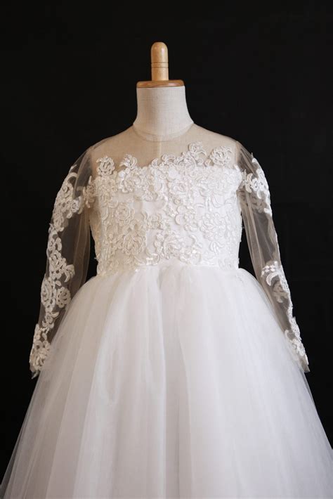 Princess Long Sleeve Full Length Flower Girl Dress Lace And Tulle