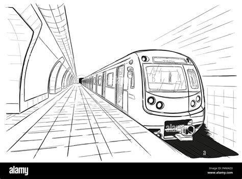 hand drawn ink  sketch subway station train  outline style