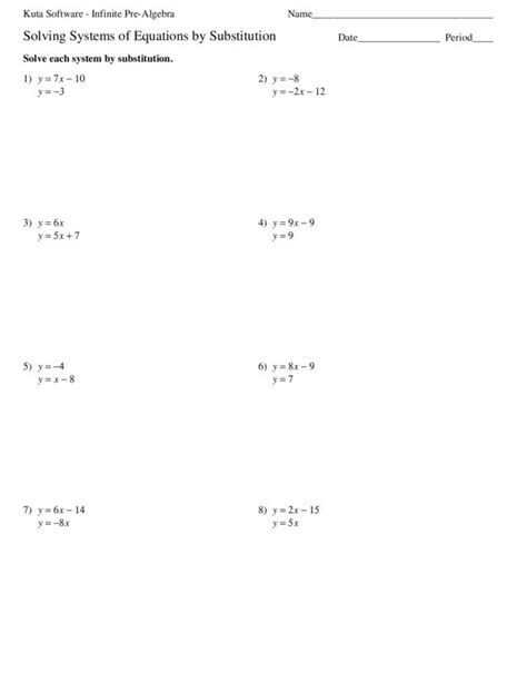 solving systems  equations  substitution worksheet  work