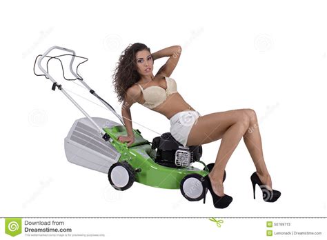 woman with lawn mower stock image image of garden body 50769713