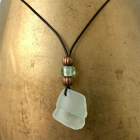 Sea Glass Pendant Recycled Glass Necklace Brown Leather Cord Beach