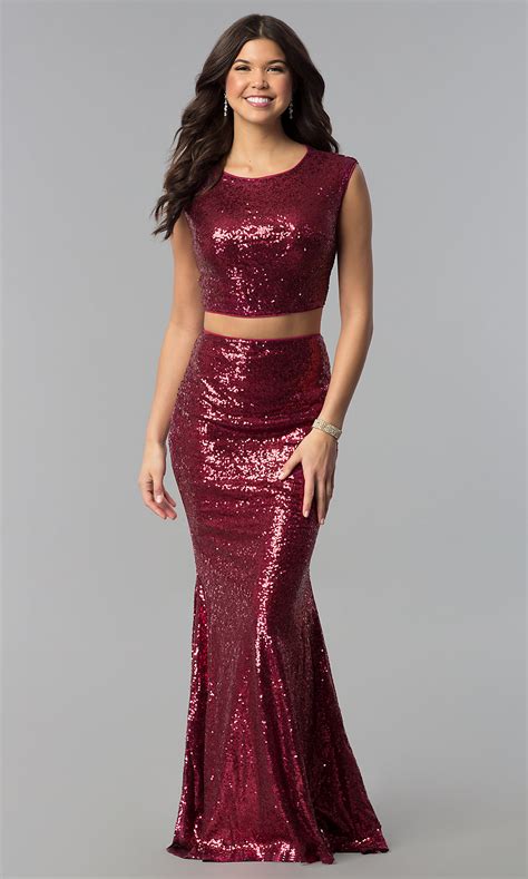 mermaid sequin two piece long burgundy prom dress