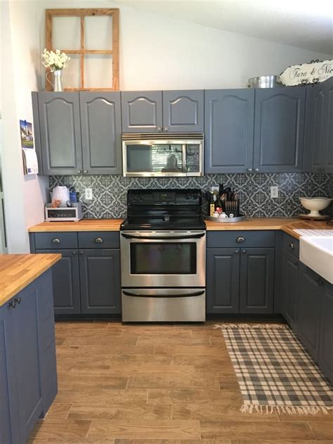 blue kitchen blue gray kitchen cabinets butcher block countertops
