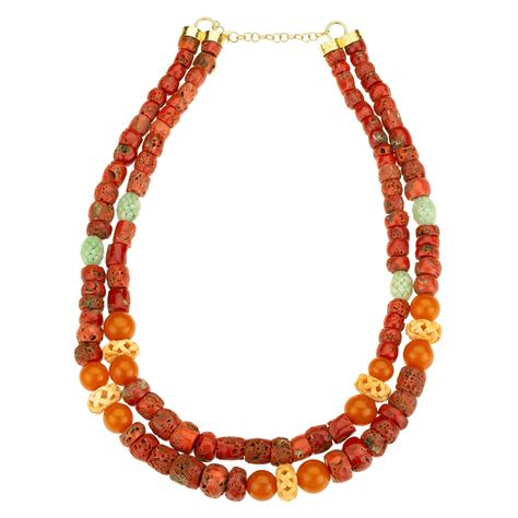 Multistrand Necklace Antique Jade Coral Amber 18 Karat Gold For Sale At