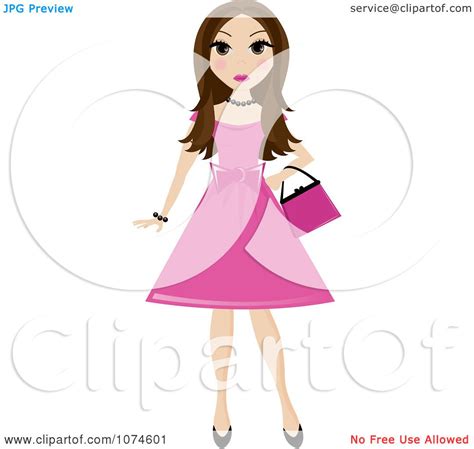 clipart brunette teen girl in a pink dress royalty free vector illustration by pams clipart