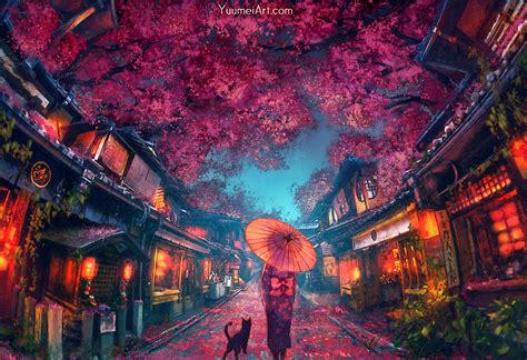 Anime Girl On City Street With Sakura Trees At Dusk Hd Wallpaper