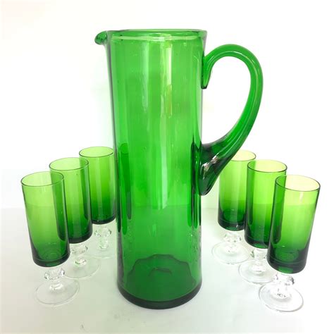 vintage green glass pitcher and six matching liqueur glasses set etsy