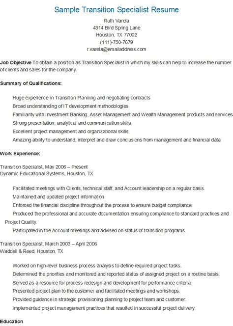 resume samples sample transition specialist resume