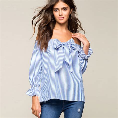 2017 summer women sexy strapless blue and white striped shirt bownot