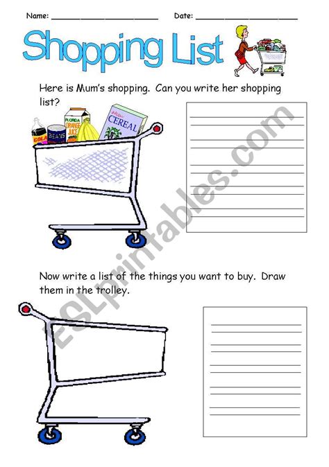 shopping list esl worksheet