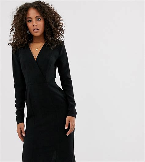 asos design tall diep uitgesneden midi jurk met overslag en lange mouwen zwart tall fashion