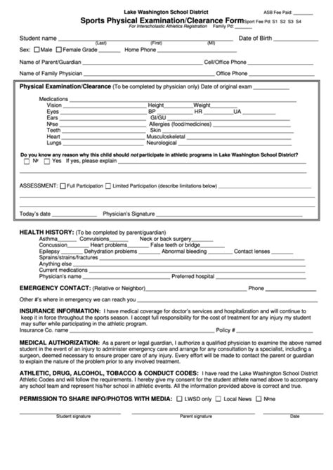 Sports Physical Examination Clearance Form Printable Pdf Download