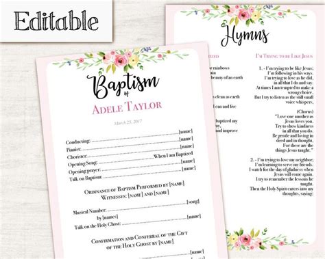 baptism program editable  printable digital handout girl etsy