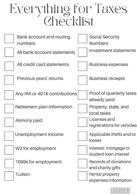 printable tax checklists parade