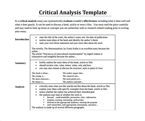critical analysis templates   sample templates