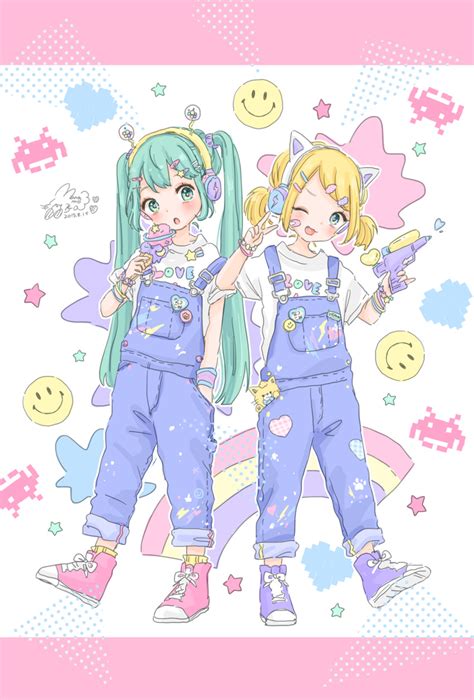 hatsune miku and kagamine rin vocaloid and 1 more drawn by mnmktn