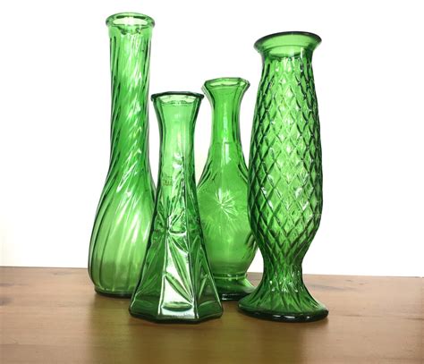 Emerald Green Glass Vintage Vases Set Of 4 Mixed Lot Wedding