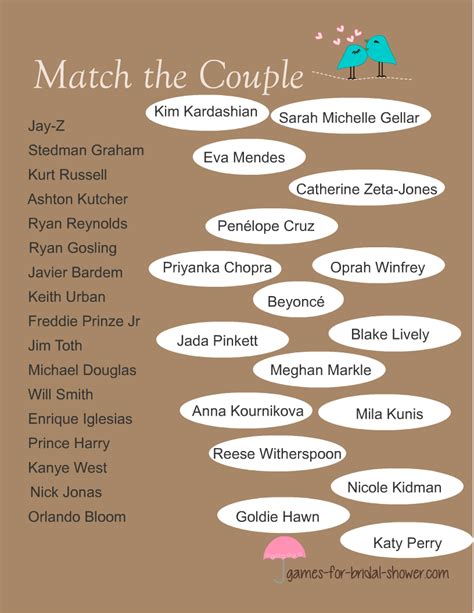 printable match  celebrity couple game