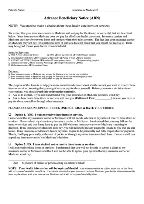 advance beneficiary notice abn template printable