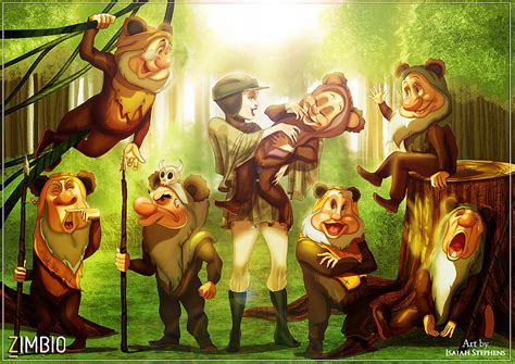 snow white and the seven dwarfs as leia with the ewoks an artist combined disney characters