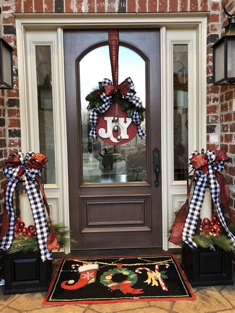 joy holiday front door black  white buffalo check  christmas plaid decorated lanter