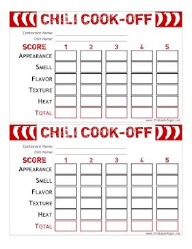 printable chili cook  score card
