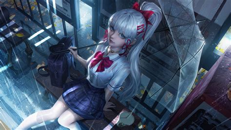 壁纸 动漫女孩 genshin impact 画画 视频游戏 银色的头发 校服 雨伞 kamisato ayaka