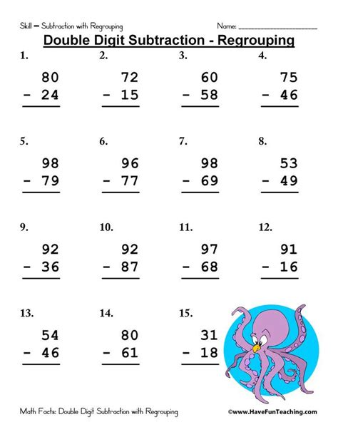 double digit subtraction regrouping worksheet pack  fun teaching