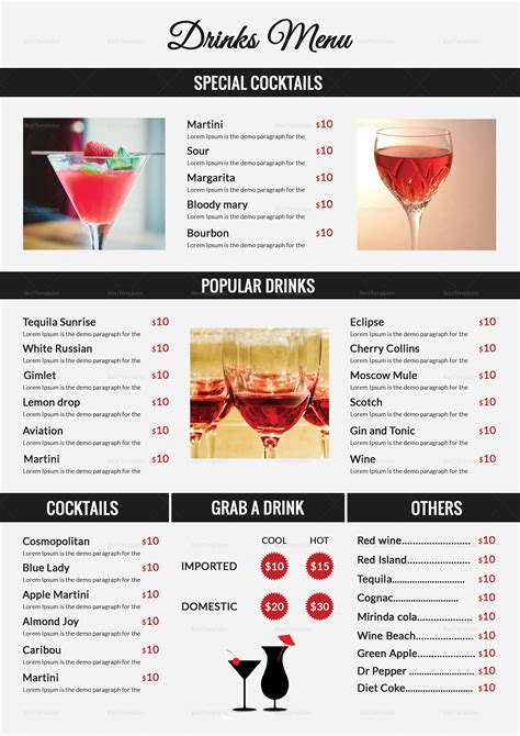 drinks menu design template  psd word publisher