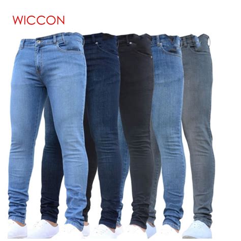 new mens pencil pants 2019 fashion men casual slim fit straight stretch feet skinny zipper jeans