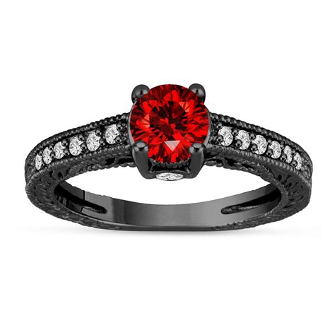 fancy red diamond engagement ring  black gold vintage antique style engraved  carat