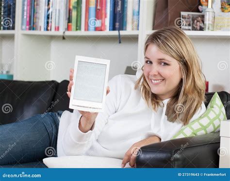 woman shows   reader stock image image  present european