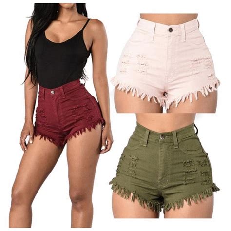 women s high waist stretch vintage shorts w ripped patchwork and tassel