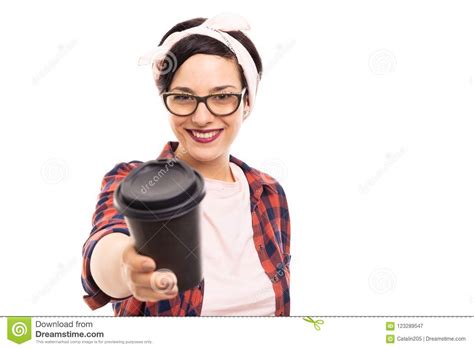 Pretty Pin Up Girl Wearing Glasses Offering A To Go Cup Of