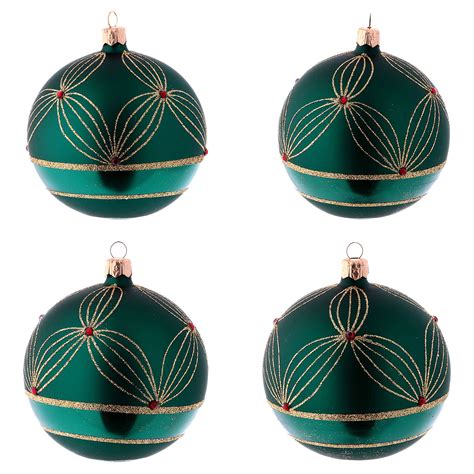 Green Blown Glass Christmas Balls With Gold Design 10 Cm 4 Online