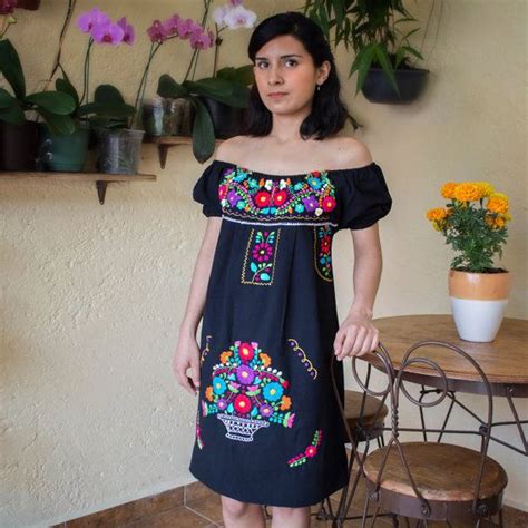 Mexican Off The Shoulder Mini Dress Hand Embroidered Black