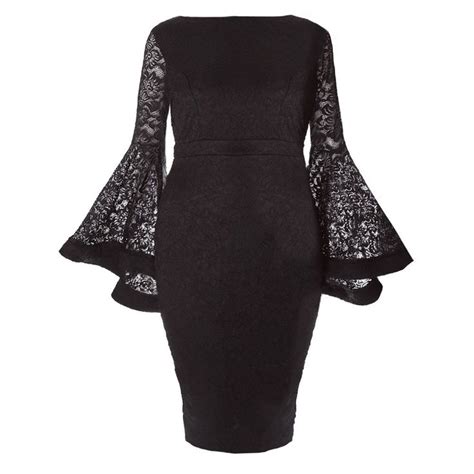 Plus Size Lace Bell Sleeve Midi Dress Black Long Sleeve Fitted Dress