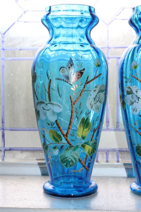 Large Blue Glass Victorian Vases Pair Hand Painted Butterflies Flowers