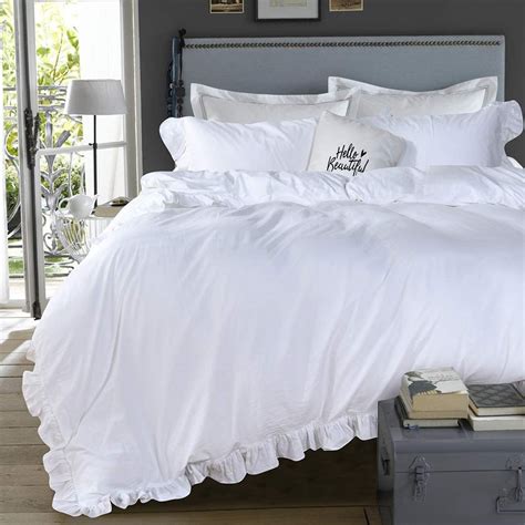 queens house  pieces duvet cover set washed cotton white ruffled