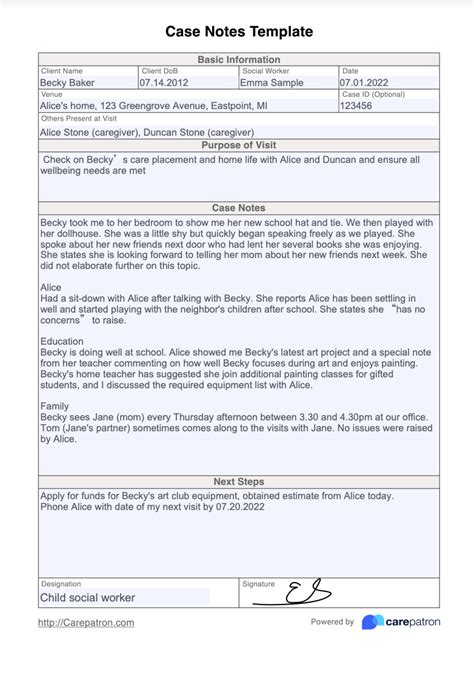 case notes template