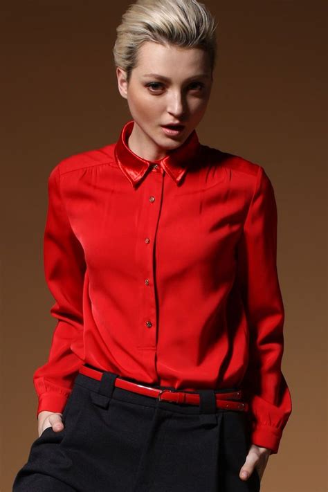 red contrast collar single breasted blouse contrast collar blouse