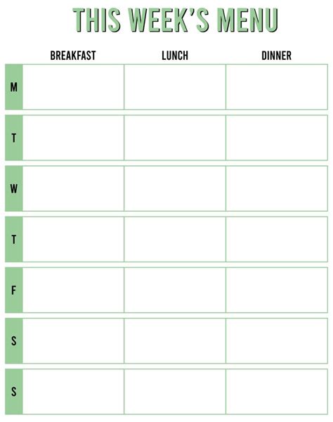 printable fillable weekly menu template  daycare