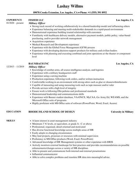 military officer resume samples velvet jobs