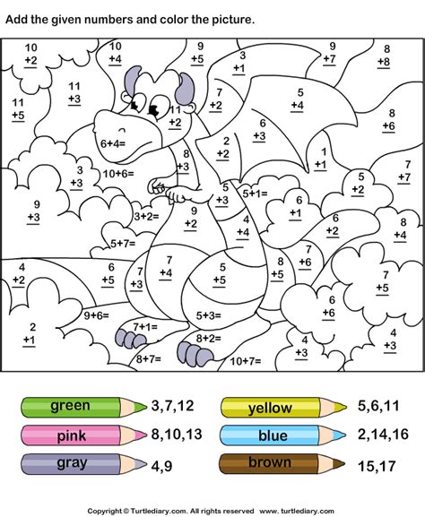 color  adding numbers turtlediarycom math coloring worksheets
