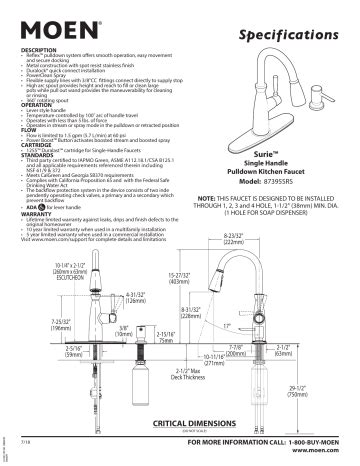 moen srs surie spot resist stainless  handle pulldown kitchen faucet specifications